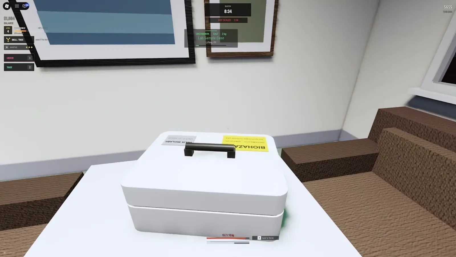 An UNCOMMON Lab Sample Case worth $267 mid pickup off a lounge table in the Steal Or Die American Dorm, tooltip showing 2 kg