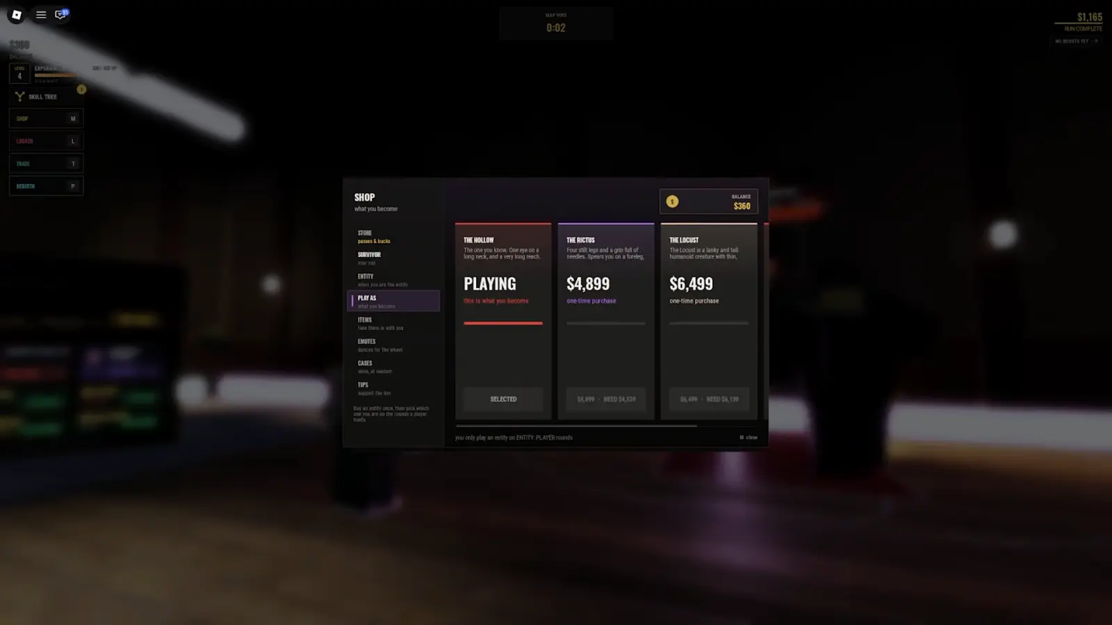 The Steal Or Die shop menu with its full tab list — Store, Survivor, Entity, Play As, Items, Emotes, Cases and Tips — and The Rictus at $4,899 plus The Locust at $6,499 on the Play As tab