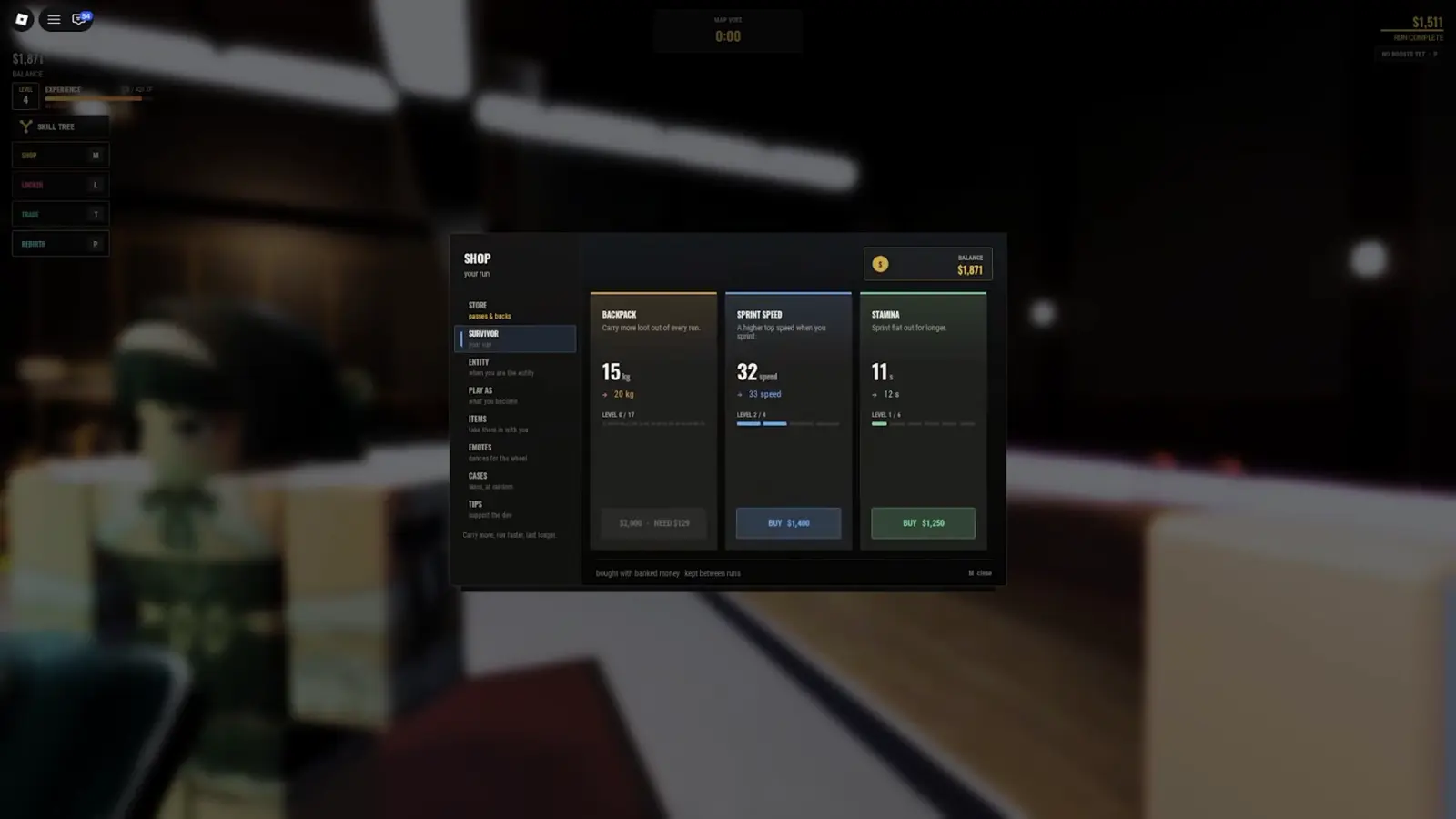 The Steal Or Die shop Survivor tab showing Backpack 15 kg to 20 kg for $2,000, Sprint Speed 32 to 33 for $1,400 and Stamina 11 s to 12 s for $1,250