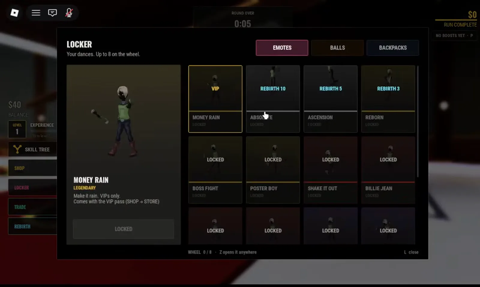 The Money Rain emote card in the Steal Or Die locker, a Legendary dance exclusive to the VIP pass from the shop’s Store tab