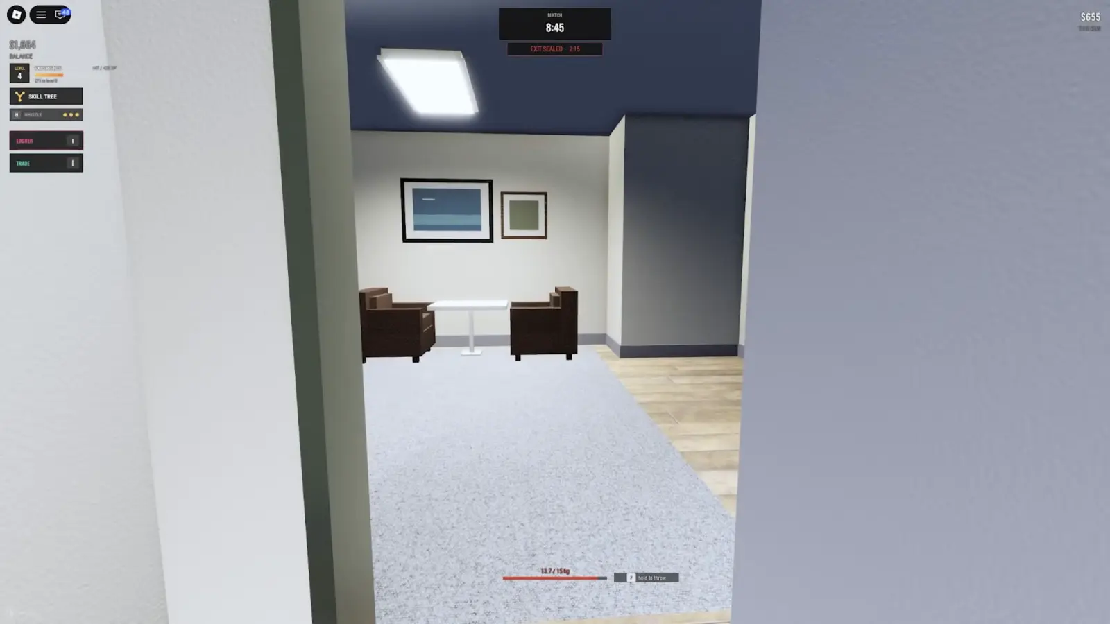 The mid-match Steal Or Die side menu showing the whistle button with three pips between Skill Tree and Locker