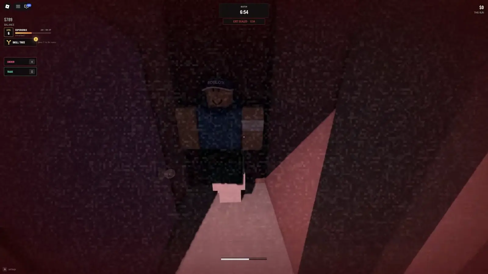 An entity player standing directly over a cowering survivor found hiding in a corner of the Steal Or Die supermarket