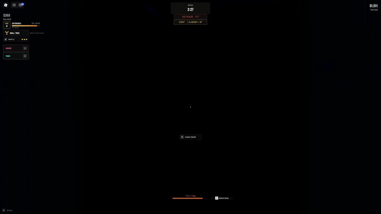 The view from inside a Steal Or Die closet with the Leave closet prompt on screen while the exit countdown runs at 17 seconds