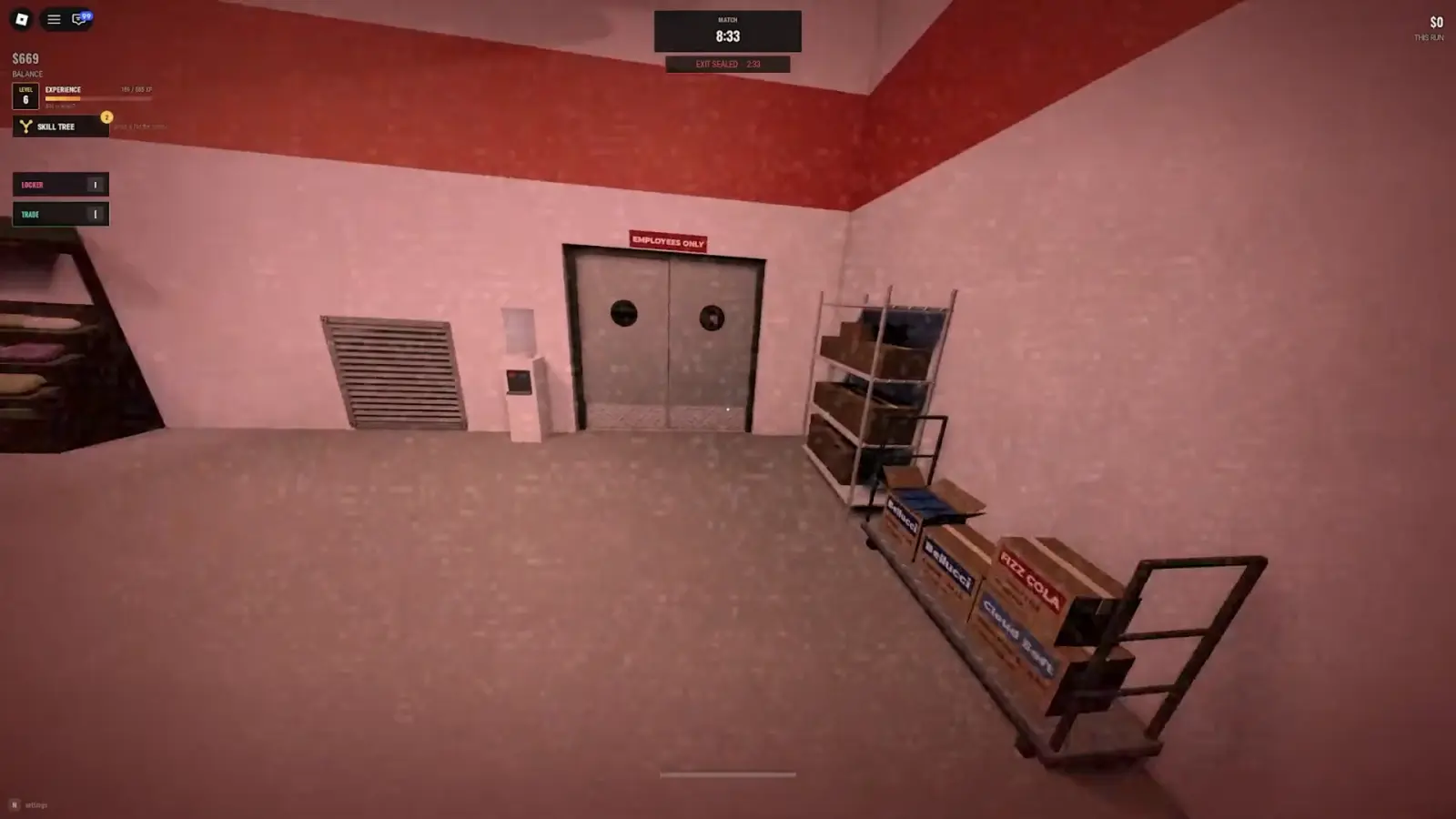 The entity hunting an unscrewing sound in a Steal Or Die back room, a wall vent grille and the employees only doors straight ahead