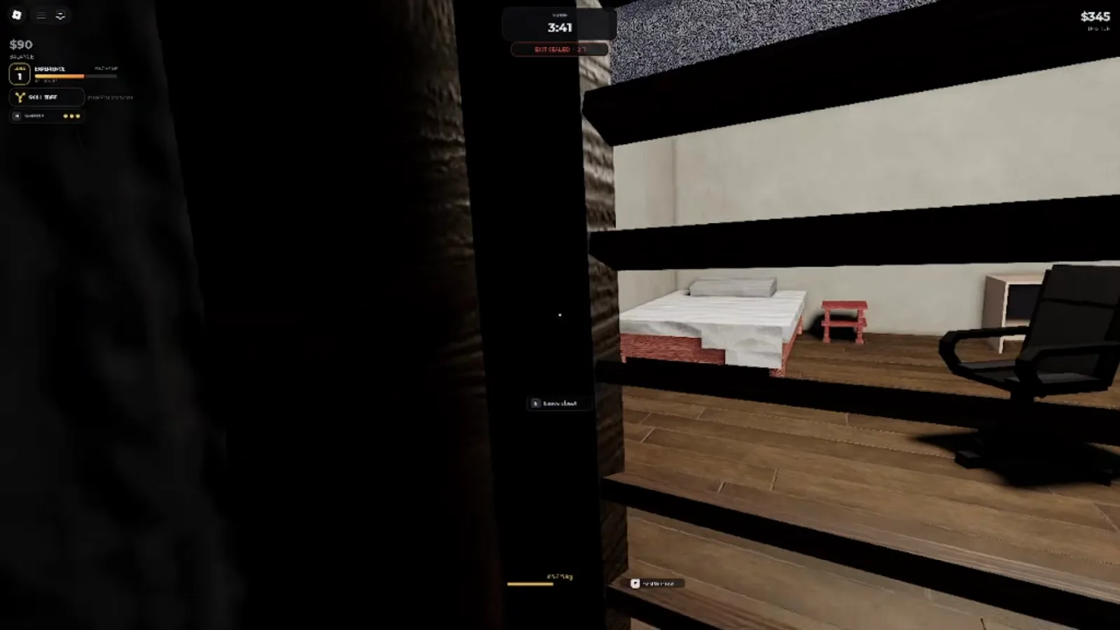 A bunk bedroom seen through the bed frames mid-loot in the Steal Or Die American Dorm, with a bed, nightstand and office chair