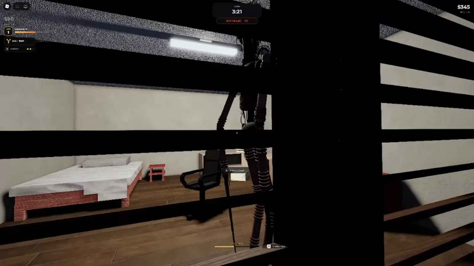 The entity standing between bunk beds in a Steal Or Die dorm bedroom, seen from a top bunk