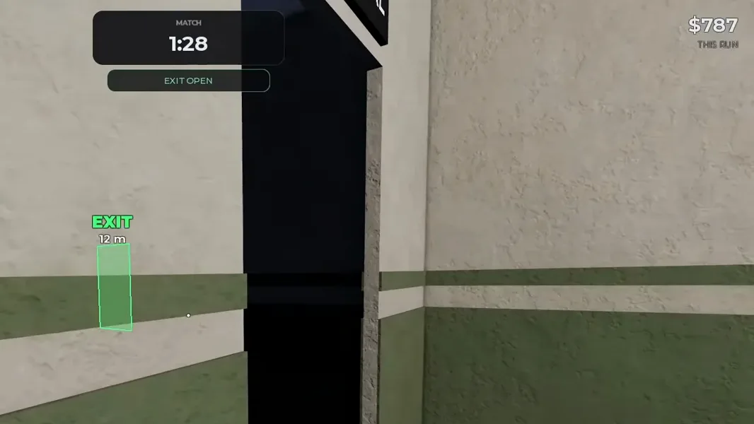 The glowing green EXIT marker above the open exit doorway in the Steal Or Die American Dorm