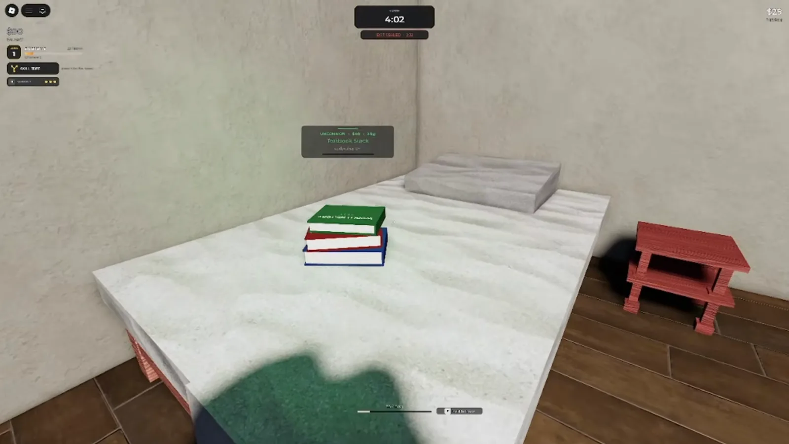 An UNCOMMON textbook stack worth 50 dollars mid pickup on a dorm bed in Steal Or Die
