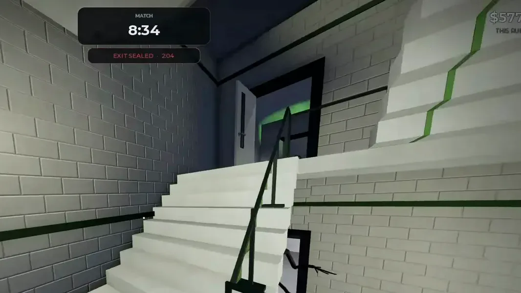 The white interior staircase with metal railing connecting the two floors of the American Dorm in Steal Or Die