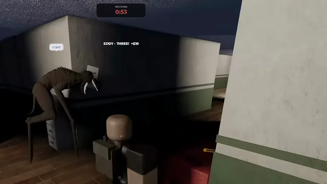 The entity lunging at a player in a Facility corridor, seen through the spectate view in Steal Or Die