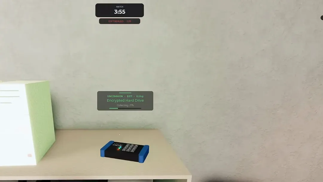 An Uncommon encrypted hard drive worth $217 on a desk beside a green server chassis in the Steal Or Die Facility