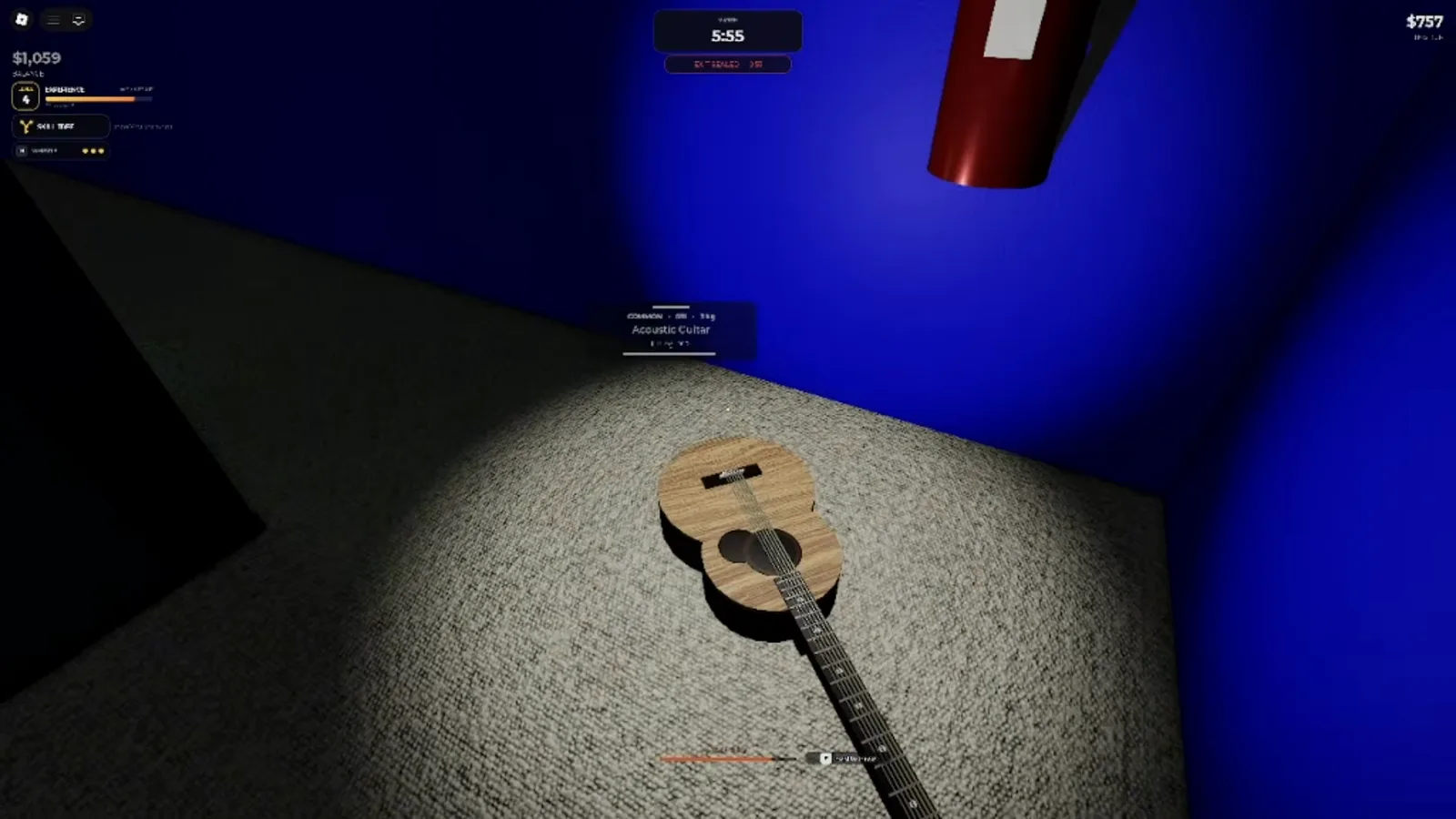 An acoustic guitar in a blue-lit room in the Steal Or Die Office