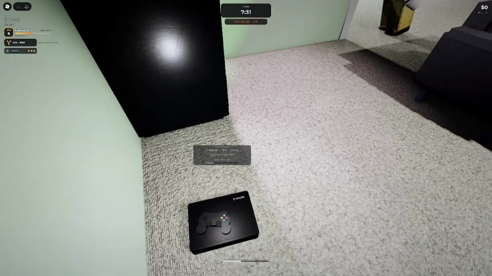 A game controller on the carpet of the Steal Or Die Office break room