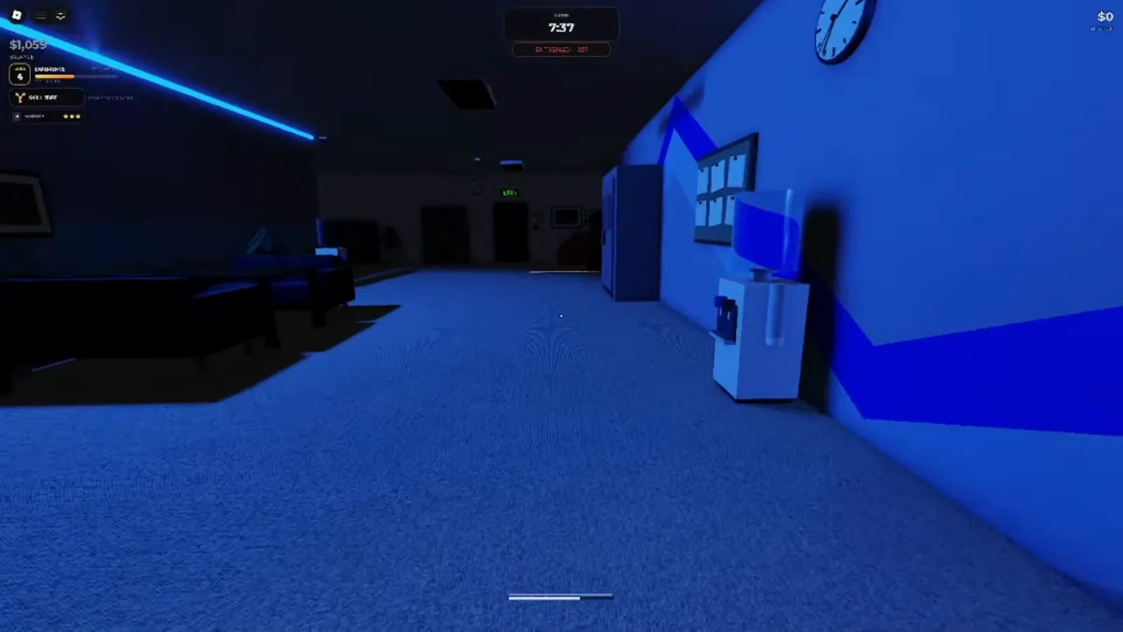 The Office break room in Steal Or Die with a kitchen counter, fridge and blue lounge lighting