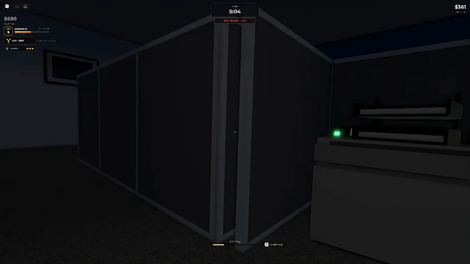 A hallway with a glowing green exit sign near the end of a Steal Or Die Office run