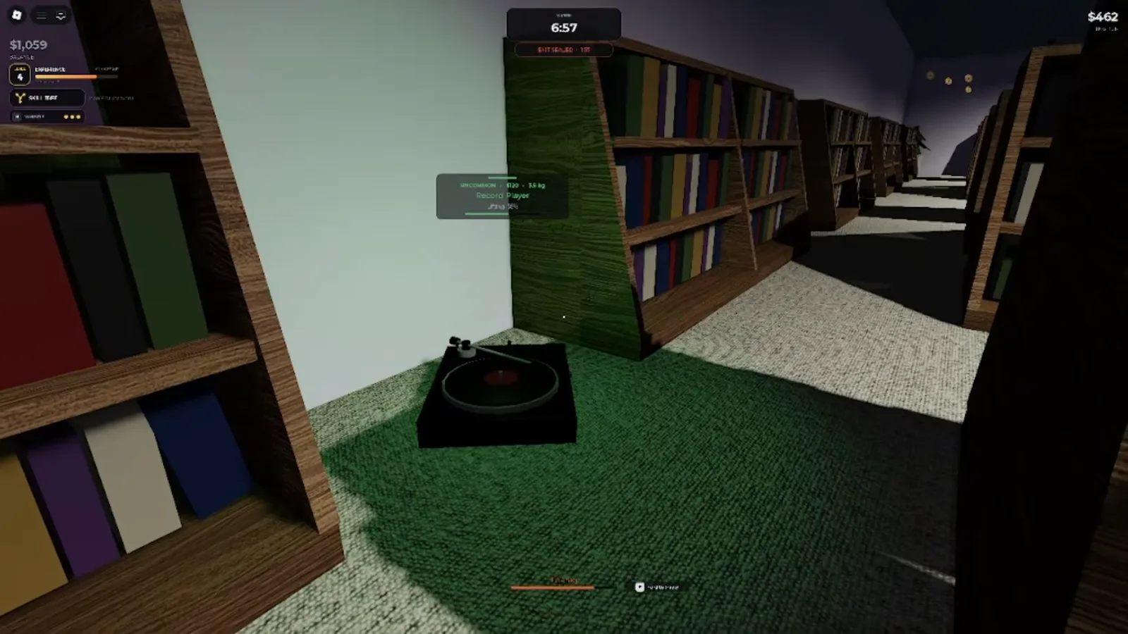 A bookshelf-lined lounge room in the Steal Or Die Office with a record player on green carpet
