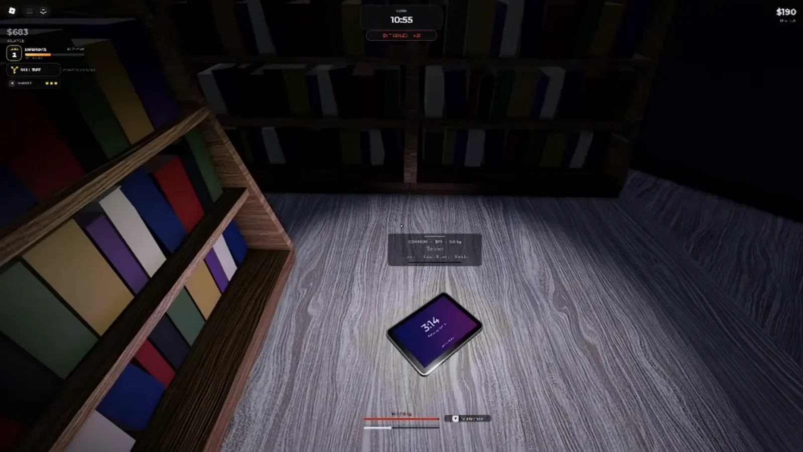 A tablet pickup beside a colorful bookshelf in a dark Steal Or Die office room
