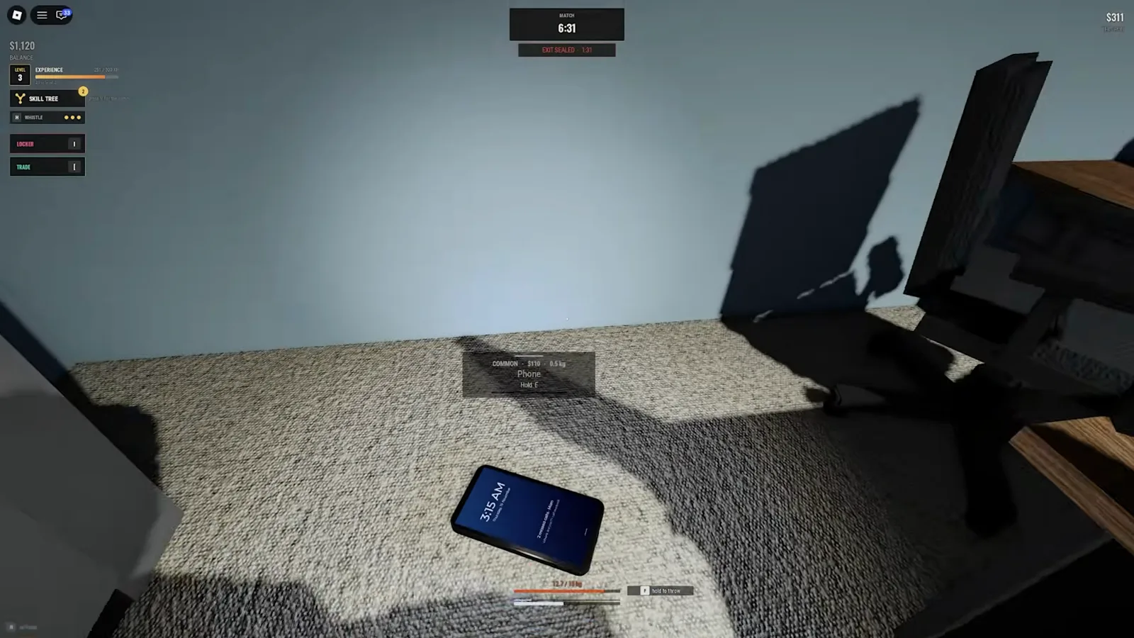 A Common Phone lies on the carpet beside an Office desk in Steal Or Die, with the pickup prompt displaying $110, 0.5 kg and Hold E.
