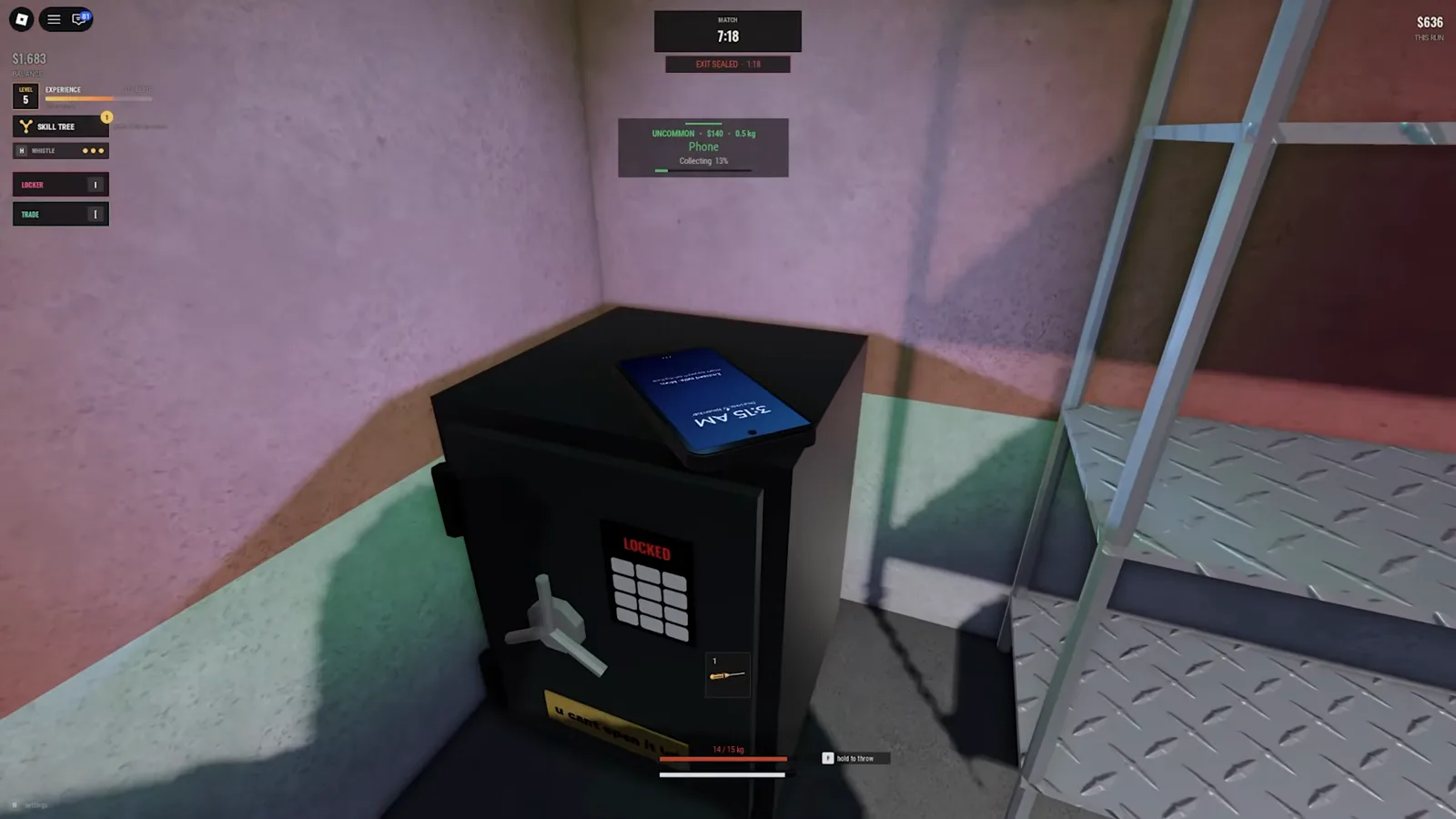 An Uncommon Phone sits on a locked safe beside a metal shelf in the Steal Or Die Supermarket back room, showing a $140 value and 0.5 kg weight during collection.