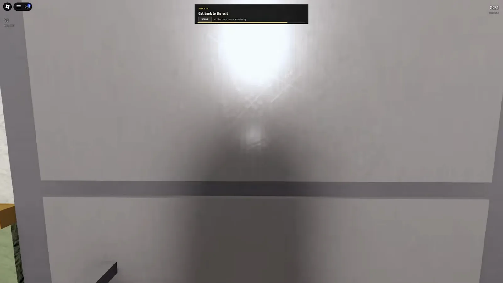 The Steal Or Die tutorial exit door fills the view while Step 6/6 says Get back to the exit and instructs holding E at the door used to enter.