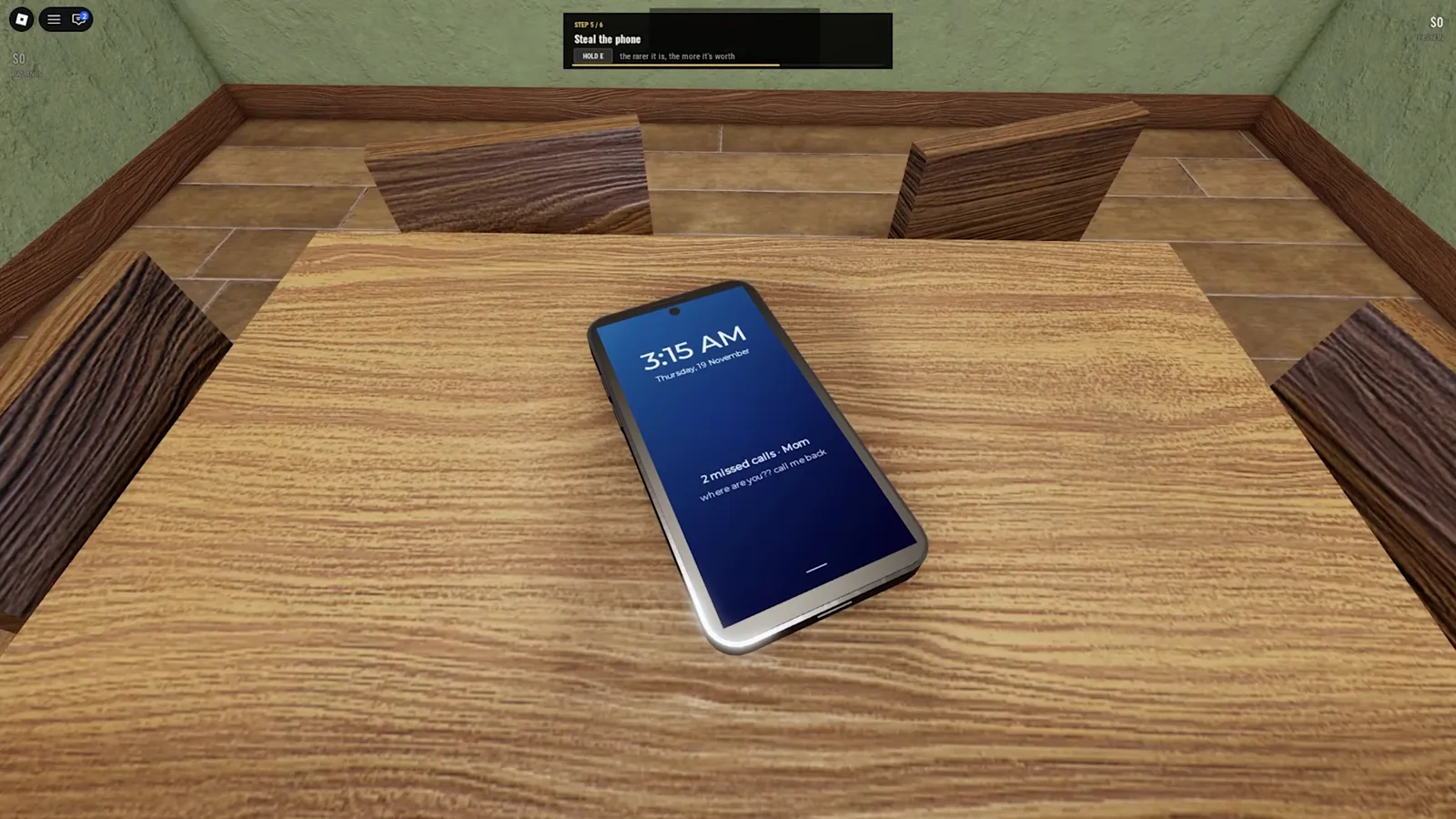 The blue-screen phone on a wooden tutorial table in Steal Or Die shows 3:15 AM and two missed calls from Mom beneath the Steal the phone objective.