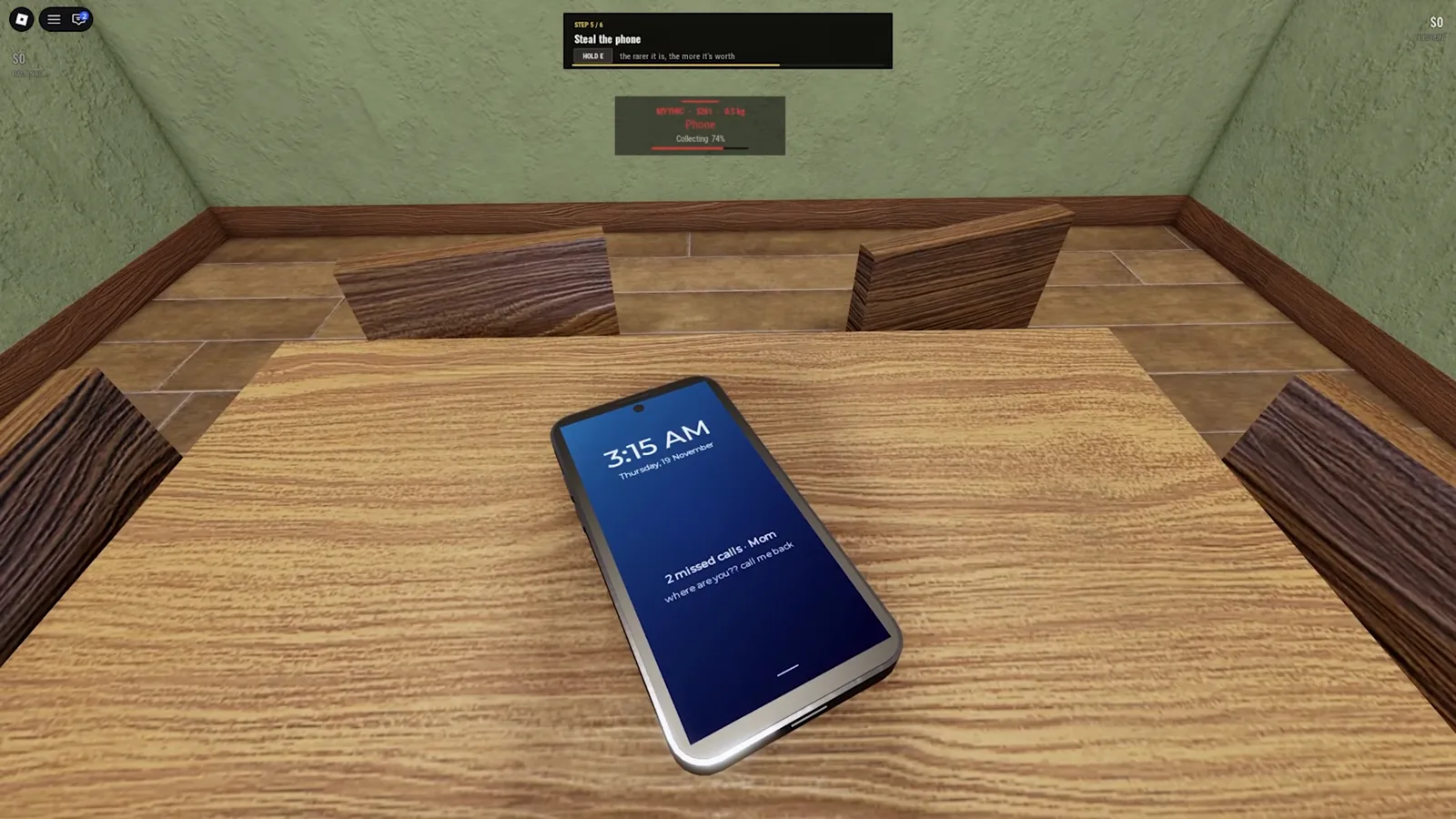 Steal Or Die’s tutorial Phone collection bar reaches 74 percent while the Steal the phone objective remains active above the table.