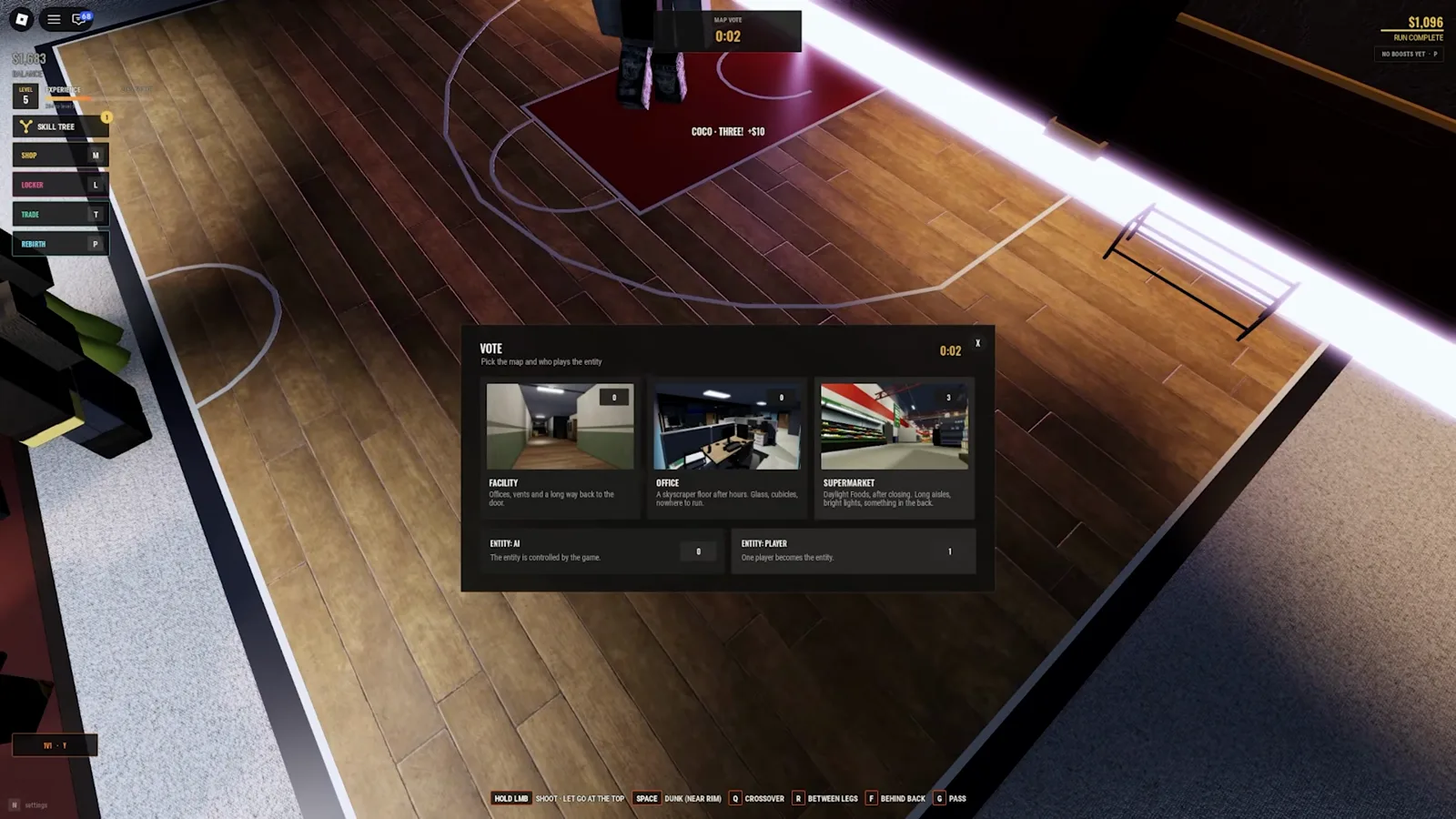 Choose a player-controlled entity round Steal Or Die lobby voting displays ENTITY AI controlled by the game beside ENTITY PLAYER where one player becomes the monster.