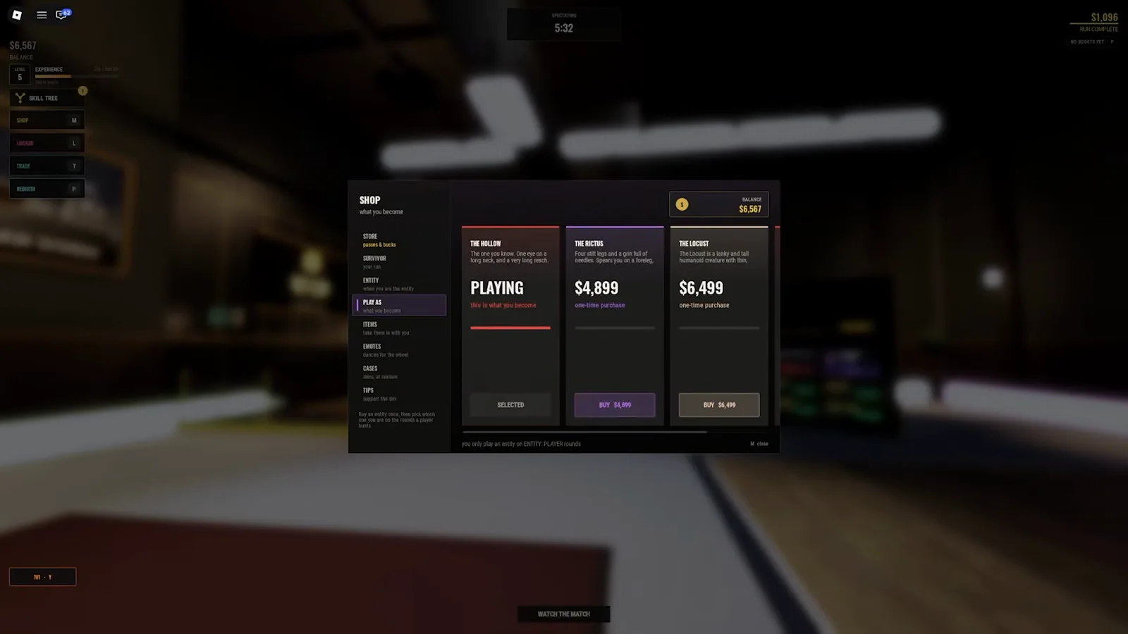 Find PLAY AS in the Steal Or Die shop Steal Or Die SHOP opens on PLAY AS with The Hollow selected and Rictus and Locust available as separate character purchases.