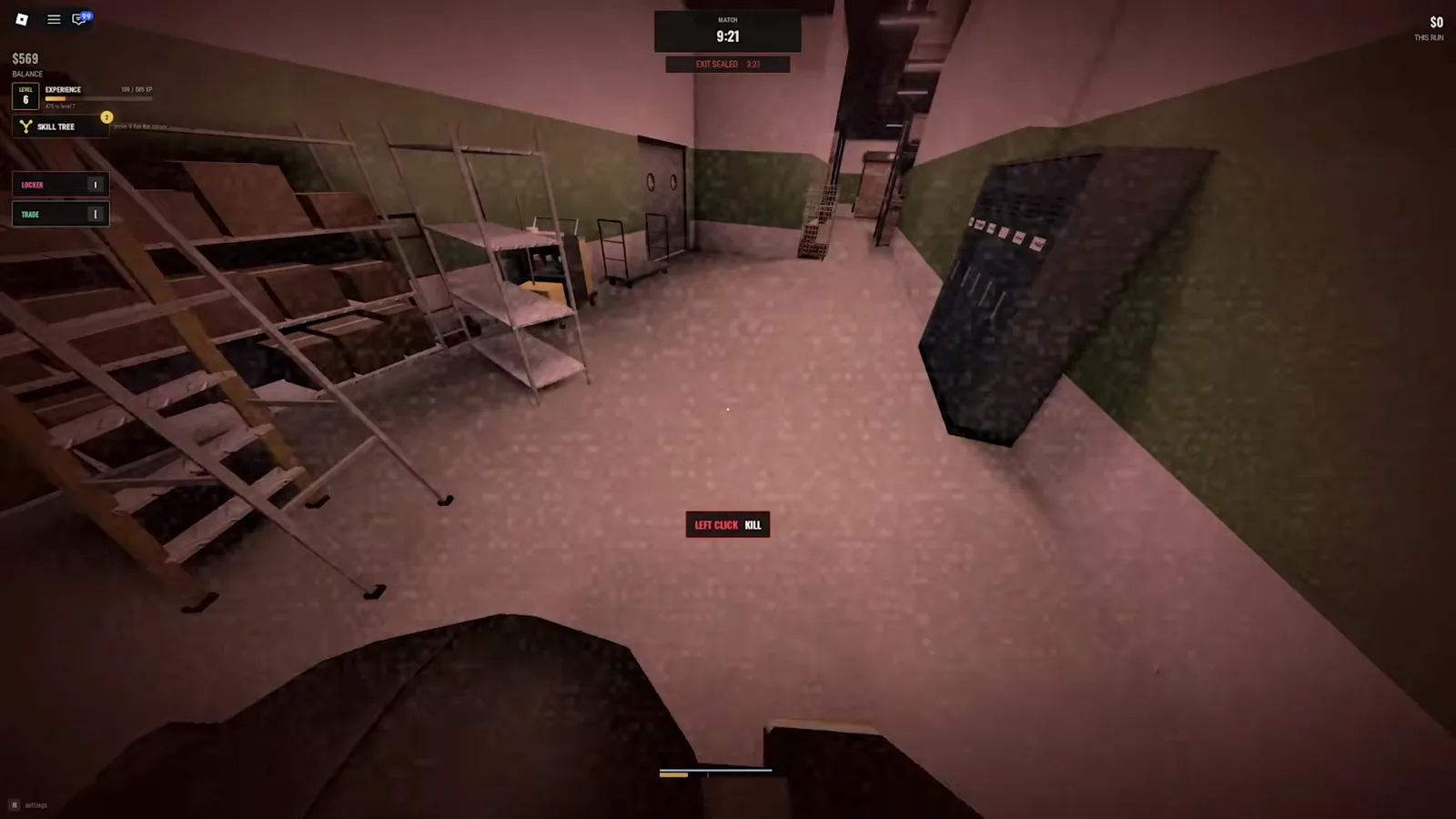The Rictus close-range attack control The Rictus hunter view in Steal Or Die shows the LEFT CLICK KILL prompt in a Supermarket storage room.