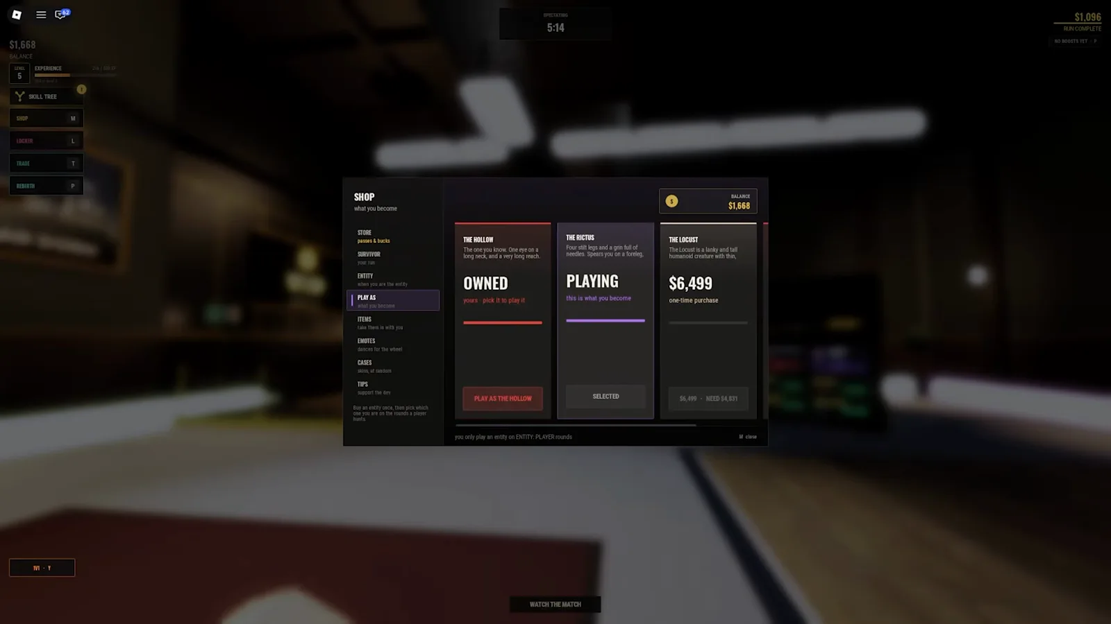 The Rictus selected does not guarantee assignment The Rictus card shows PLAYING and SELECTED in Steal Or Die while the shop footer limits entity play to ENTITY PLAYER rounds.