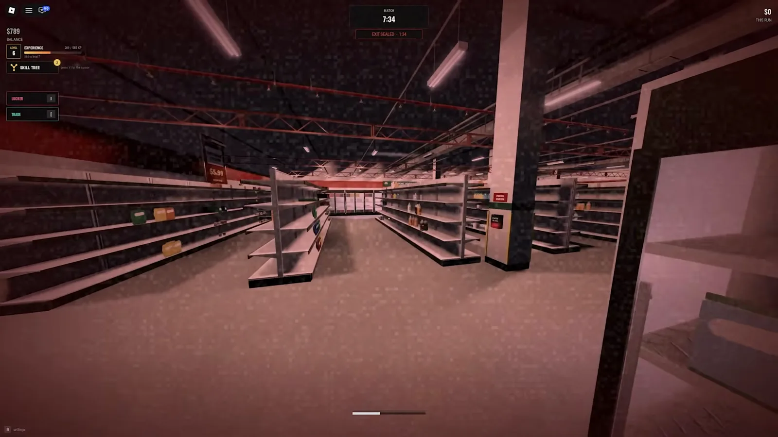 The Rictus stamina limit during pursuit The Rictus searches Steal Or Die Supermarket aisles with a partly depleted stamina bar below the first-person view.