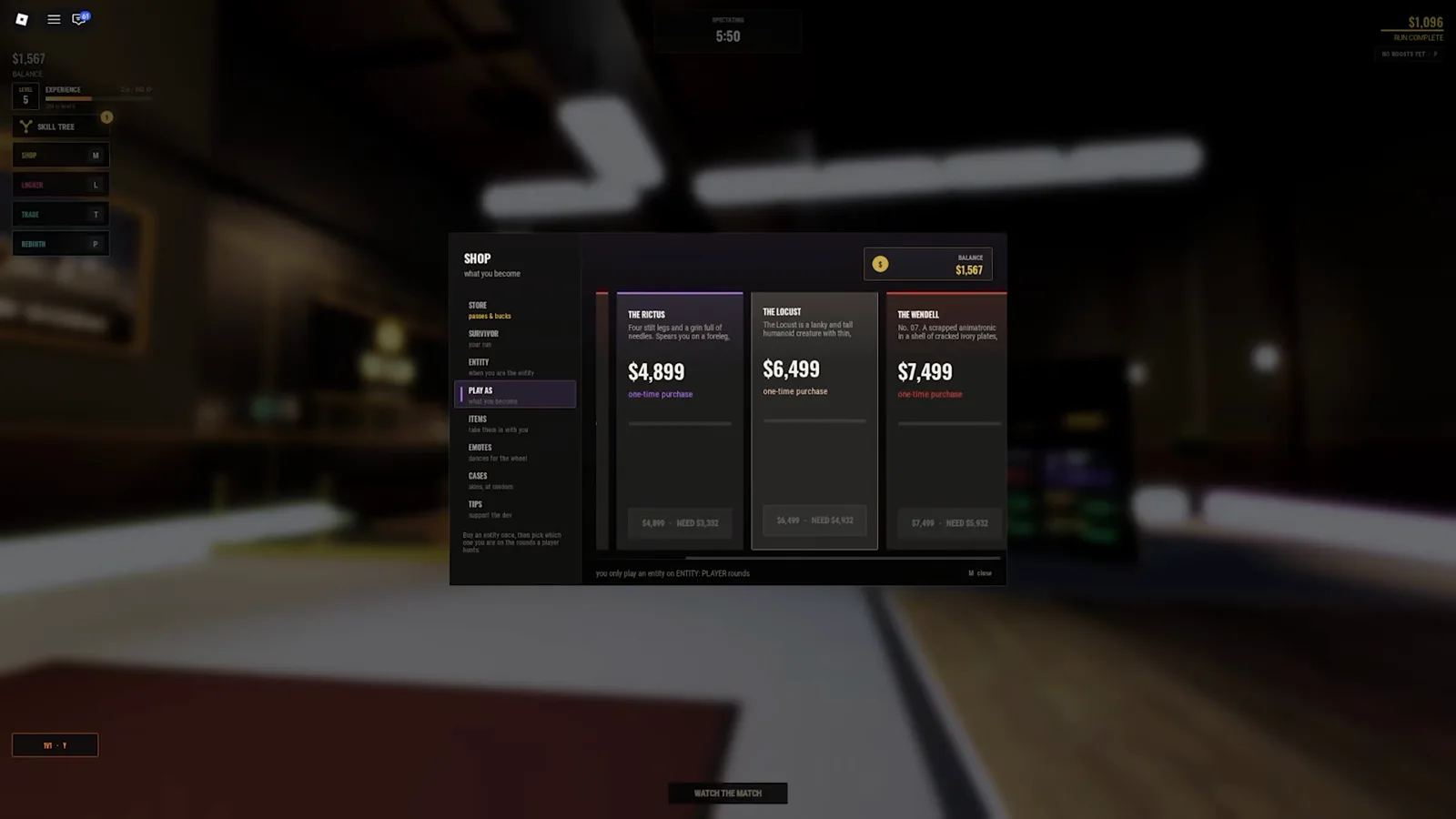 The Rictus one-time cash unlock Steal Or Die Play As shop lists The Rictus at $4,899 beside The Locust and The Wendell.