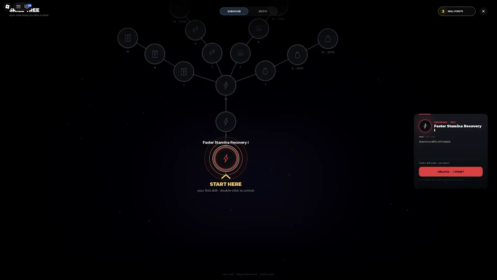 Steal Or Die's separate skill tree selects Faster Stamina Recovery I, showing a 20 percent faster refill effect and a cost of one skill point.