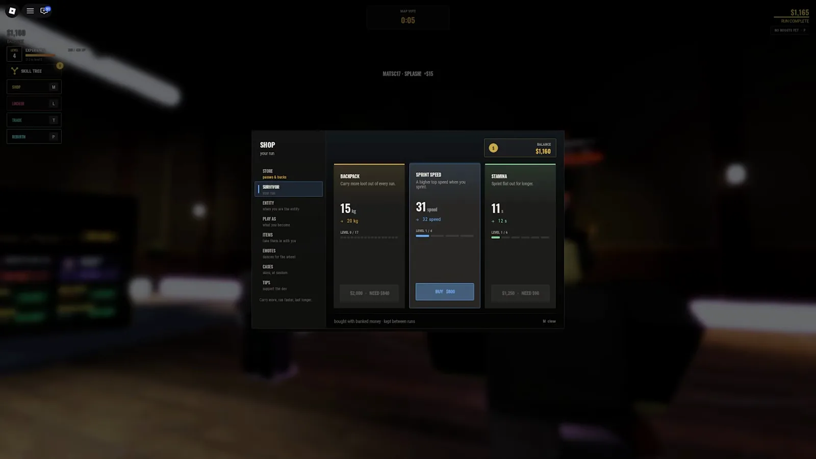After cash purchases in Steal Or Die, Sprint Speed reads 31 at level one and Stamina reads 11 seconds while Backpack remains at 15 kg.