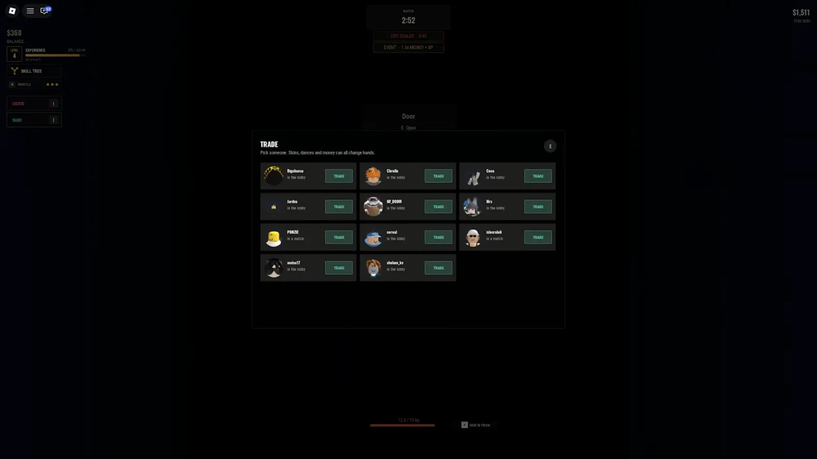 The Steal Or Die trade menu listing eleven players with in-the-lobby and in-a-match status labels and a green Trade button beside each name